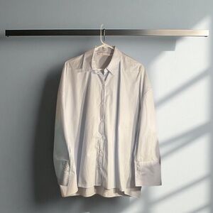 Zara Light Blue Oversized Button Down Shirt with Dragon Graphics and Large Cuffs